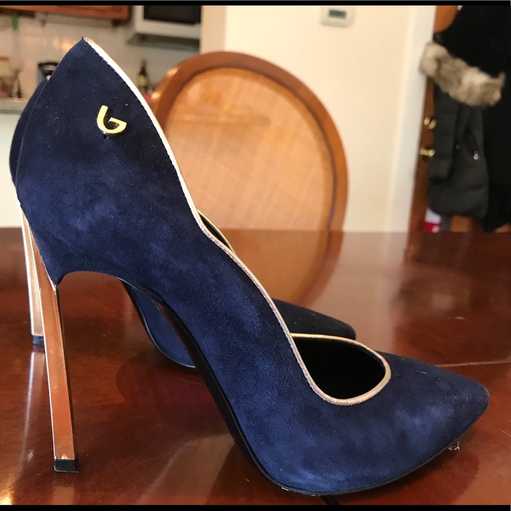 Byblos dark blue suede stilettos with metal heels
